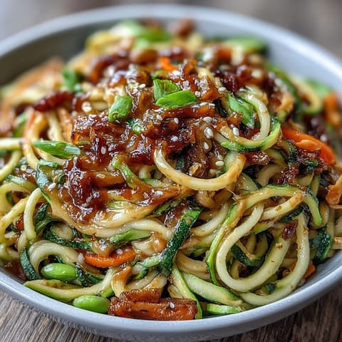 Healthy Easy Zucchini Noodle Stir-Fry with Peanut Sauce, featuring vibrant spiralized zucchini tossed in a creamy, tangy peanut sauce.