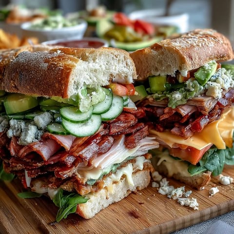 A colorful Loaded Deli Sandwich Board overflowing with fresh breads, meats, cheeses, and vibrant vegetables for customizable picnic sandwiches.