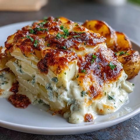 Easy Cheesy Scalloped Potatoes: Creamy, golden-baked potatoes layered with melted cheddar and mozzarella for a comforting side dish.  