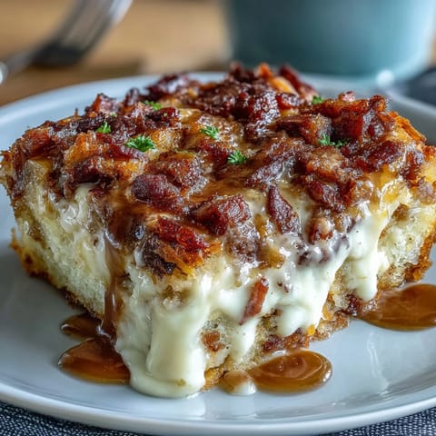 Amish breakfast casserole with hash browns, eggs, and sausage in a golden, cheesy bake