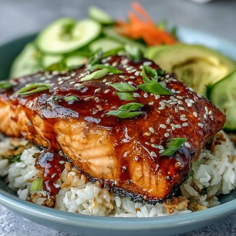 Quick Teriyaki Salmon Bowl featuring juicy glazed salmon, fresh cucumber, avocado, and sesame-topped jasmine rice.