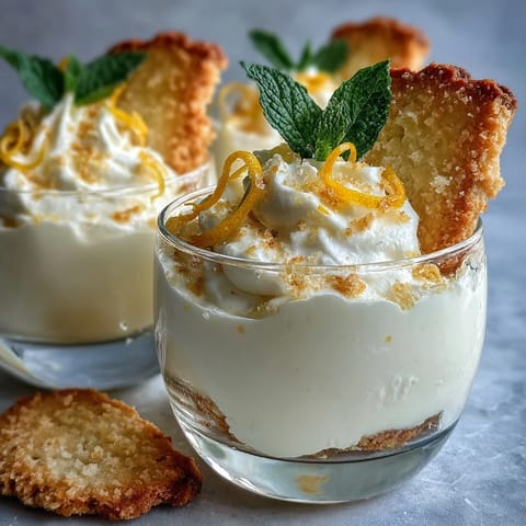 Bright lemon mousse in elegant cups topped with berries, served with buttery shortbread cookies for a refreshing dessert.
