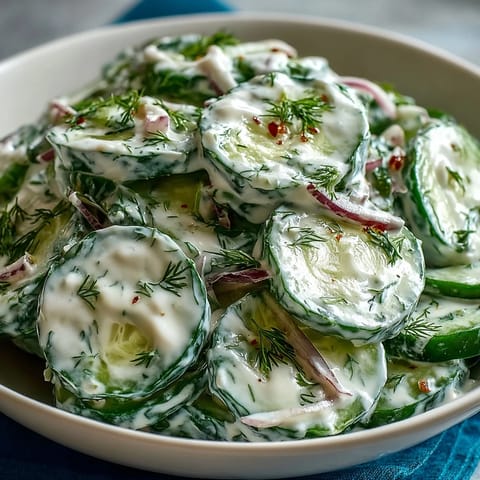 Creamy Cucumber Dill Salad with crisp cucumbers and tangy dill dressing, perfect for summer picnics and barbecues.