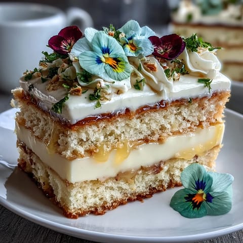 Spring cake with pressed edible flowers and lemon curd, light lemon sponge layered with tangy curd and decorated with vibrant edible blooms.