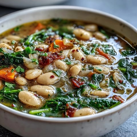 A steaming bowl of Tuscan White Bean and Spinach Soup, garnished with fresh basil and Parmesan, perfect for a cozy dinner.