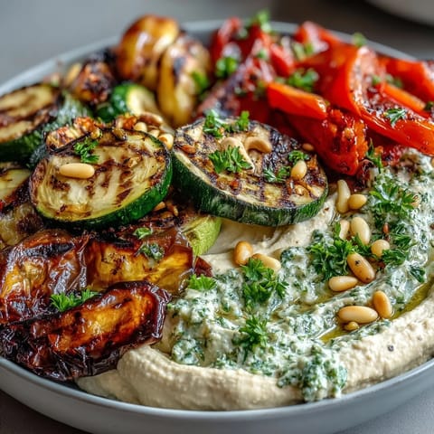 Vibrant grilled vegetable platter with colorful zucchini, bell peppers, and eggplant served alongside creamy hummus for a healthy summer meal.  