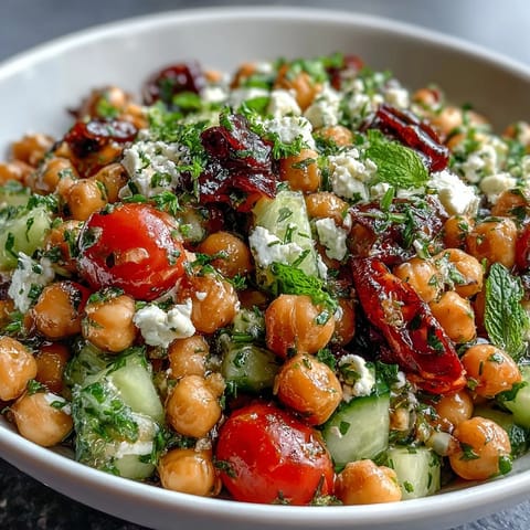 A refreshing cold chickpea salad with lemon herbs, bursting with fresh vegetables and zesty Mediterranean flavors.