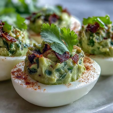 Creamy guacamole stuffed into classic deviled eggs, garnished with paprika and fresh cilantro.  