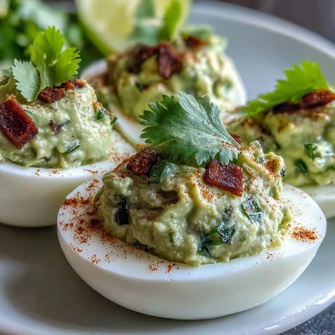 Vibrant avocado and lime filling transforms deviled eggs into a fresh, zesty appetizer.  