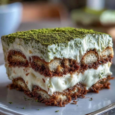 Matcha Tiramisu with creamy mascarpone and matcha-soaked ladyfingers, elegantly dusted with green tea powder.  