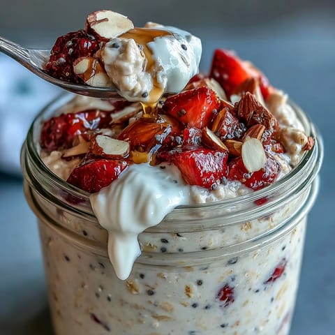 Creamy strawberry vanilla overnight oats topped with fresh berries.