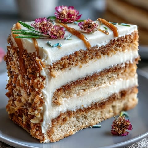 Moist butterscotch Taurus Cake adorned with delicate edible flowers and herbs.
