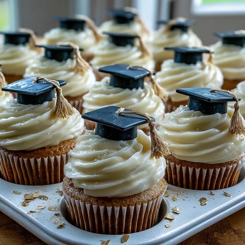 Festive vanilla Graduation Cupcakes with edible black and gold fondant caps.