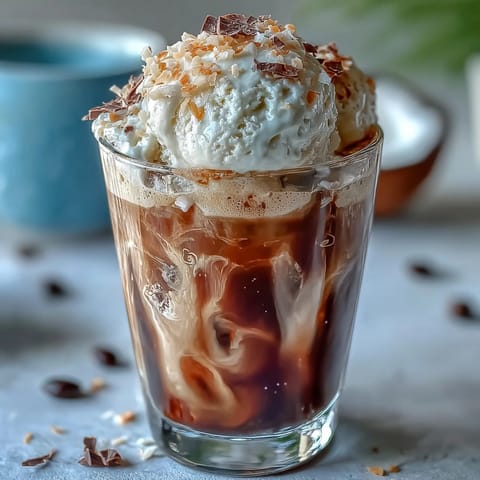 Creamy coconut cold brew float topped with vanilla bean ice cream and toasted coconut.