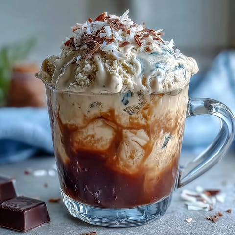 Indulgent vanilla bean ice cream melting into smooth coconut cold brew, a perfect summer treat.