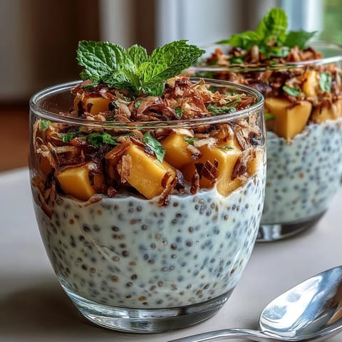 Creamy mango chia pudding with layers of coconut milk and fresh mango chunks in a glass.  