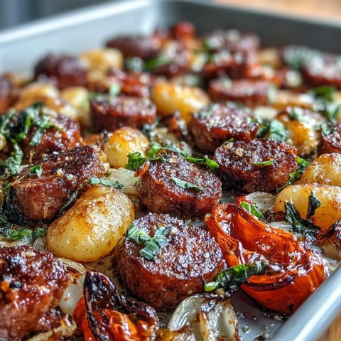 Sheet pan gnocchi with sausage and peppers roasted to golden perfection with tender vegetables and savory Italian seasonings.  