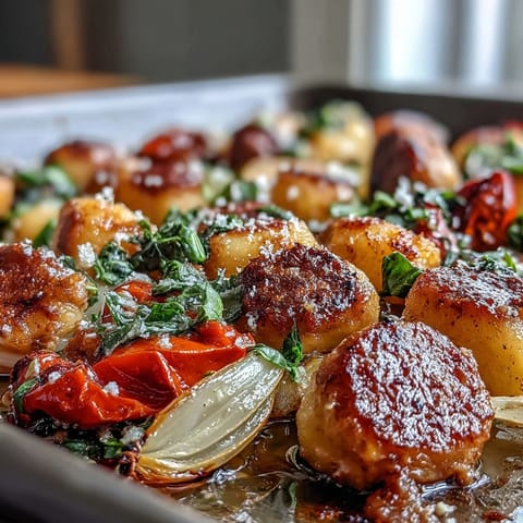 Easy sheet pan dinner featuring crispy gnocchi, juicy sausage slices, and sweet roasted peppers tossed with Parmesan cheese.  