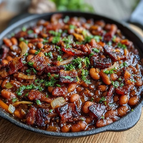 Juneteenth BBQ Baked Beans with Bacon, a smoky, sweet comfort food classic.