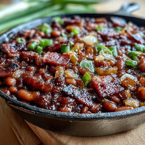 Hearty, slow-cooked Juneteenth BBQ Baked Beans with crispy bacon topping.