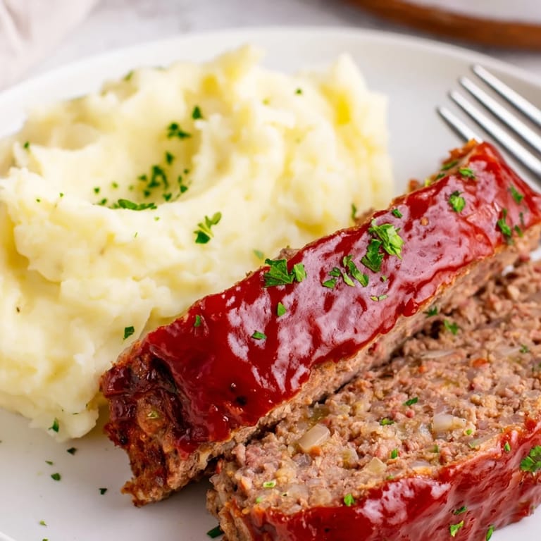 Homestyle meatloaf served with rich, buttery mashed potatoes for a comforting meal.