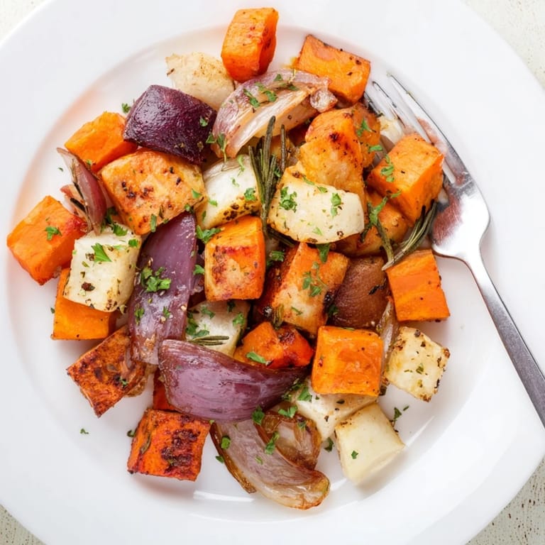 Savory roasted root vegetables, golden and tender, garnished with fresh parsley.