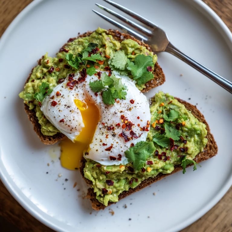 Delicious avocado toast with a runny poached egg and vibrant chili spice topping.  