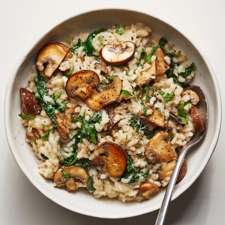 Earthy One-Pot Mushroom and Spinach Risotto served warm, perfect for cozy dinners.
