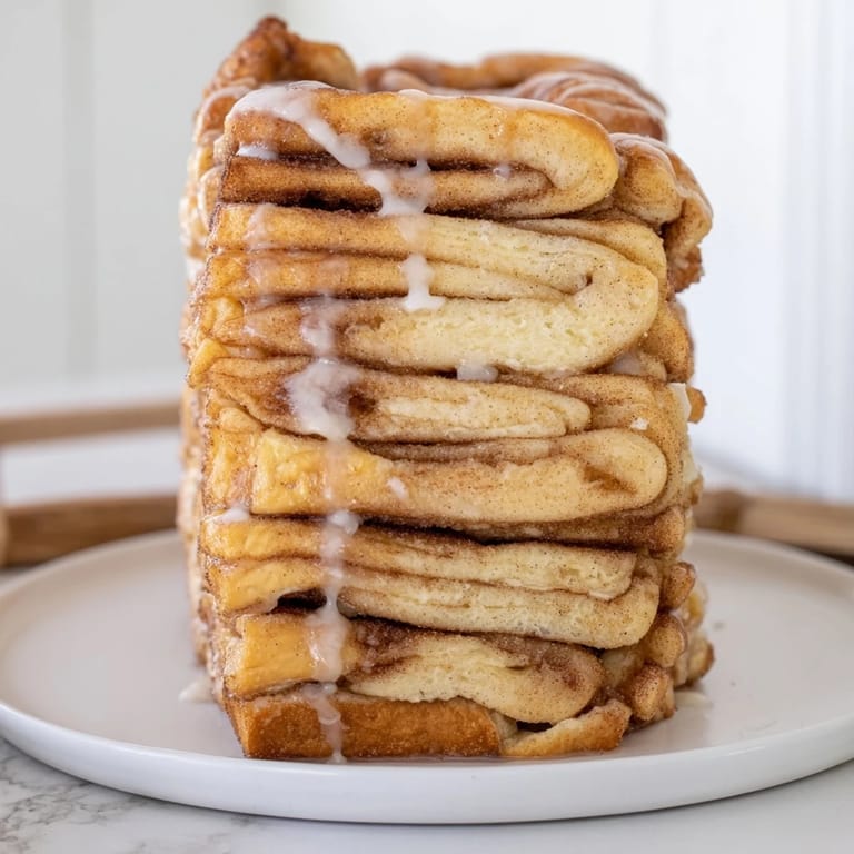 Fluffy layers of cinnamon sugar pull-apart bread drizzled with sweet glaze delightfully shine.  