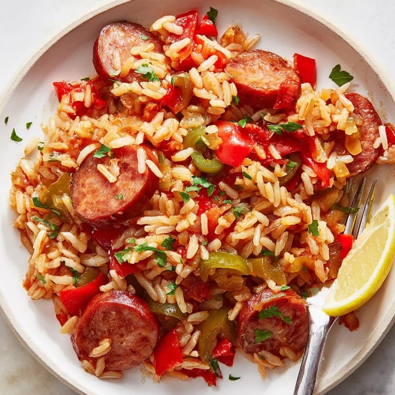 A delightful bowl of One-Pot Spicy Sausage and Rice garnished with fresh parsley and lemon.  