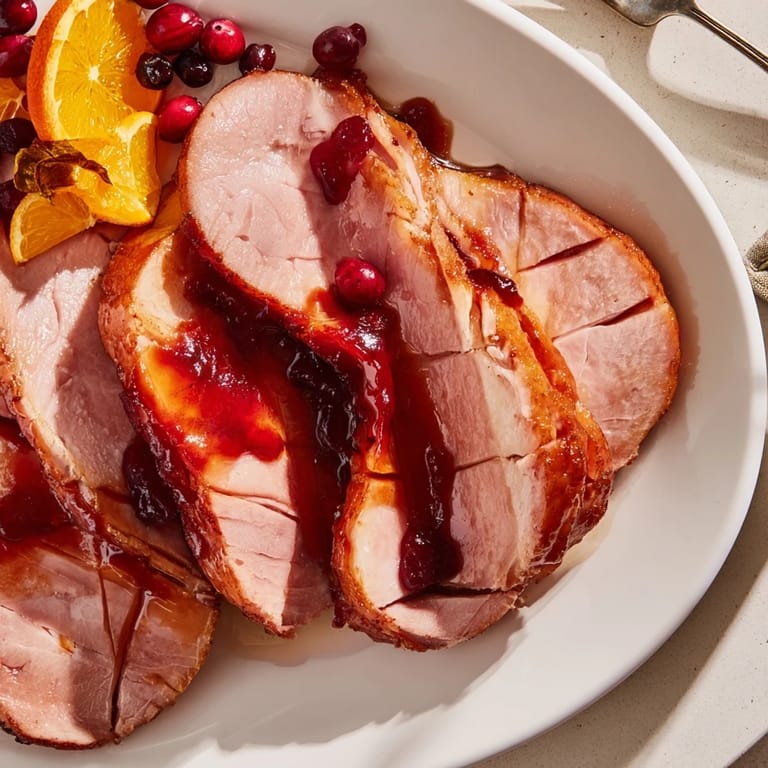 Succulent Cranberry Orange Glazed Ham glistening under a sweet-tart glaze for holidays.