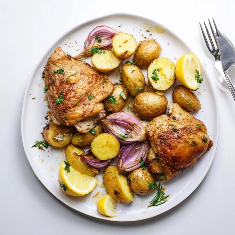 A comforting serving of One-Pan Lemon Herb Chicken and Potatoes, perfect for weeknight meals.