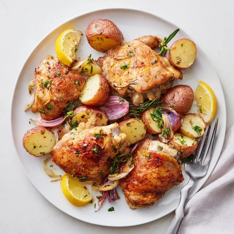 Savor the delightful zesty flavors of One-Pan Lemon Herb Chicken and Potatoes, garnished fresh.  