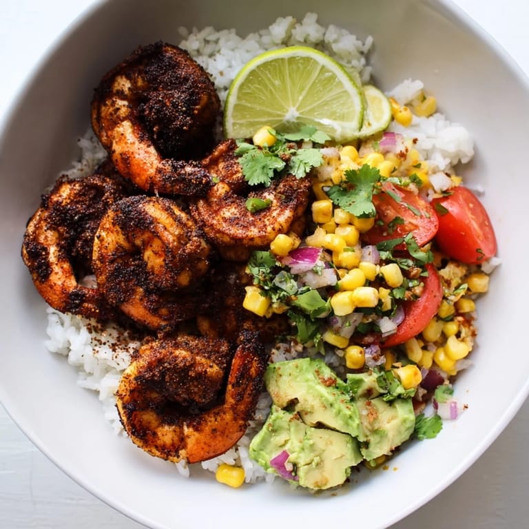 This image shows delicious Blackened Shrimp Bowl, piled high with creamy avocado salsa and cilantro.