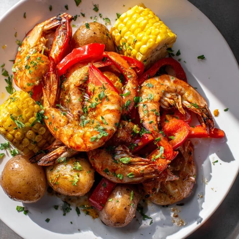 Bright, colorful close-up of a Cajun Shrimp & Sweet Corn Platter, ready to serve with lemon wedges.