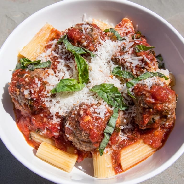 Delicious Italian Meatball Pasta Skillet featuring tender meatballs in tomato sauce with pasta.