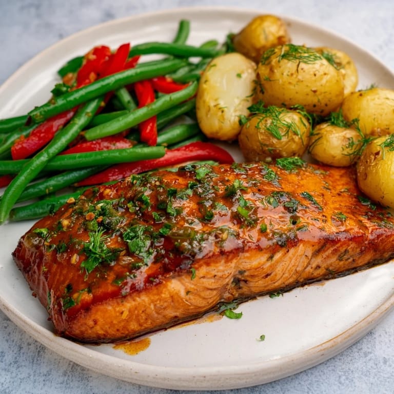 Succulent, marinated Lemon Herb Salmon & Potato Sheet Pan, the salmon glistening and potatoes perfectly browned, ready to eat.