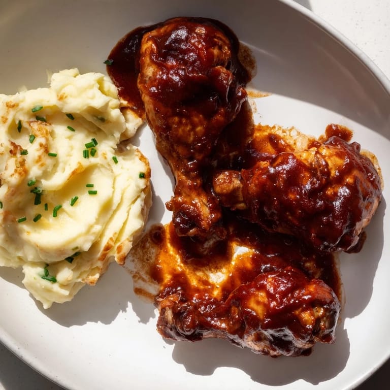 Tender honey BBQ chicken thighs, served steaming with creamy garlic mashed potatoes, a comforting American classic.