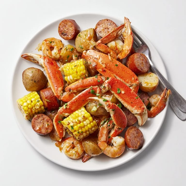 Aromatic Cajun spices coat the vibrant, cooked seafood boil, including crab legs and shrimp.
