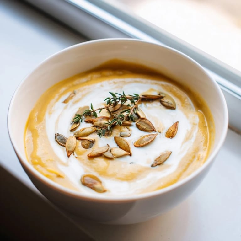 Warm, inviting bowl of creamy roasted acorn squash soup ready to enjoy on a chilly evening with crusty bread.