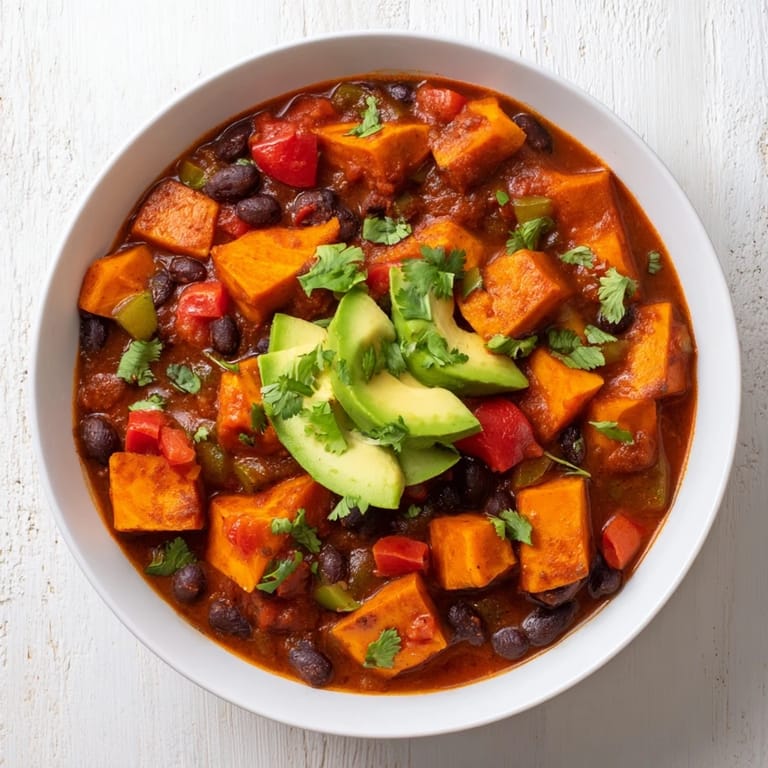 Hearty and colorful Sweet Potato & Black Bean Chili, a vegetarian comfort food classic, delicious.