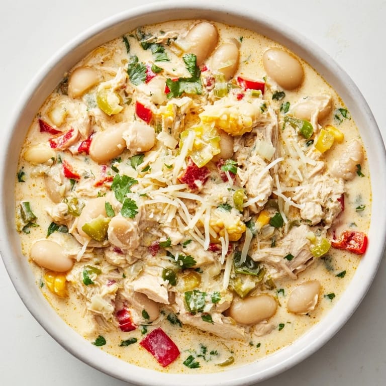 A close-up view of creamy white chicken chili with beans showcases the rich, flavorful broth and tender chicken.