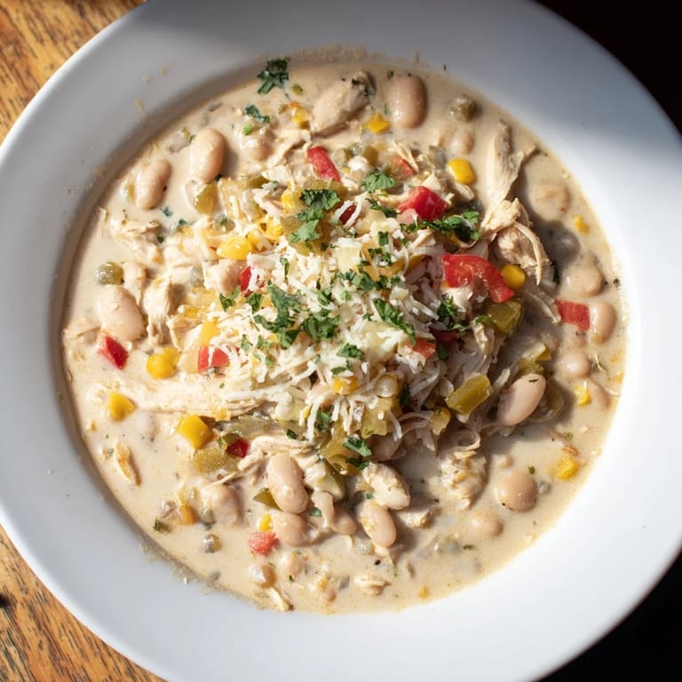 Enjoy a hearty spoonful of creamy white chicken chili with beans, a perfect satisfying cozy meal.