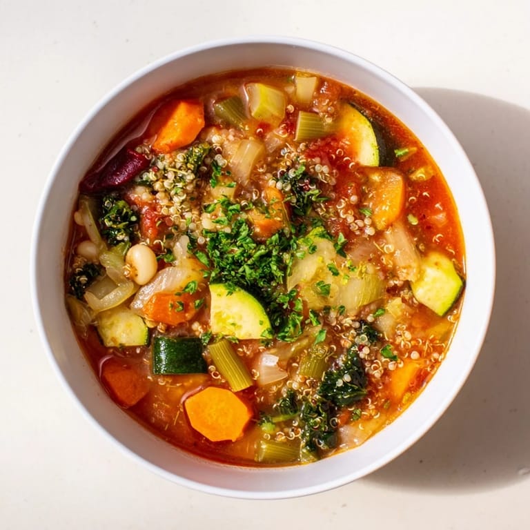 Close-up of a rustic bowl filled with hot Minestrone with Quinoa, ready to serve with Parmesan.
