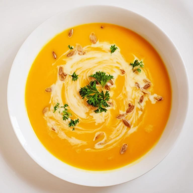 Enjoy a steaming bowl of homemade butternut squash and pear soup, ideal for a chilly evening.