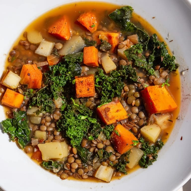 A close-up of hearty Winter Vegetable & Lentil Soup with a vibrant mix of winter harvest ingredients.