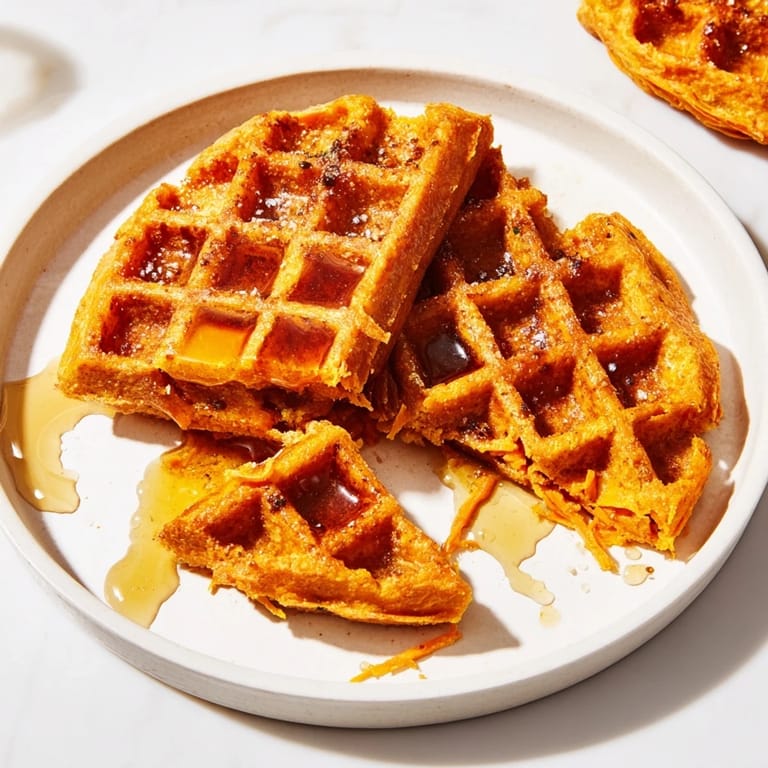 Delicious close-up of a sweet potato waffle, steaming, offering a hint of cinnamon scent.