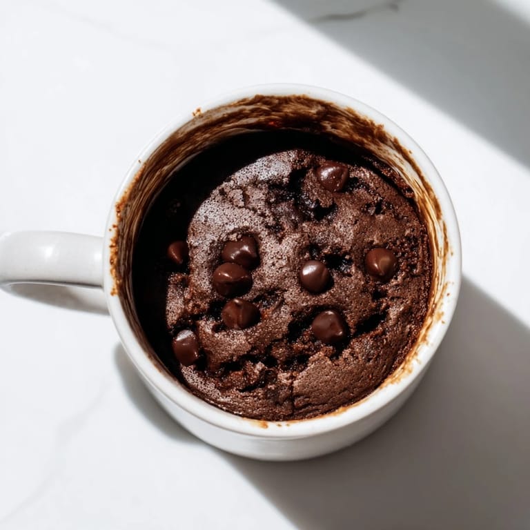 Close-up of a delightful microwaved mug cake, warm and comforting, an easy chocolate dessert.