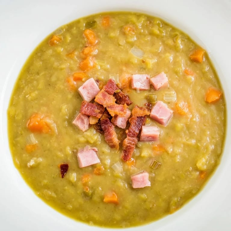 Thick, comforting Split Pea Soup with canned ham, perfect for a cozy, delicious meal.