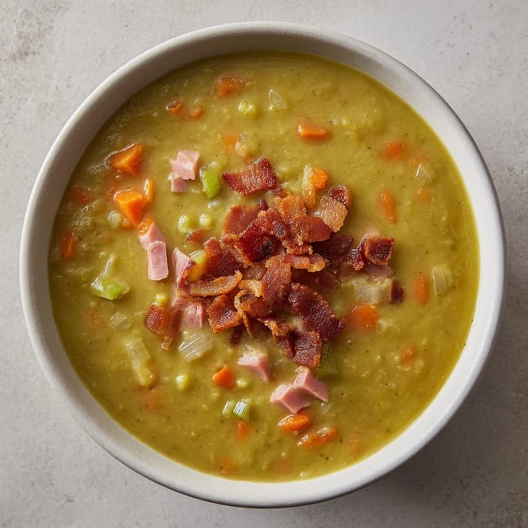 Warm, creamy Split Pea Soup with canned ham: a close-up of the hearty, flavorful broth.